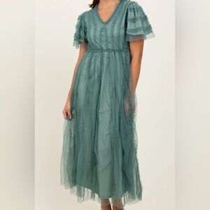 Polagram Green Maxi Gown with Flutter Sleeves and V Neck